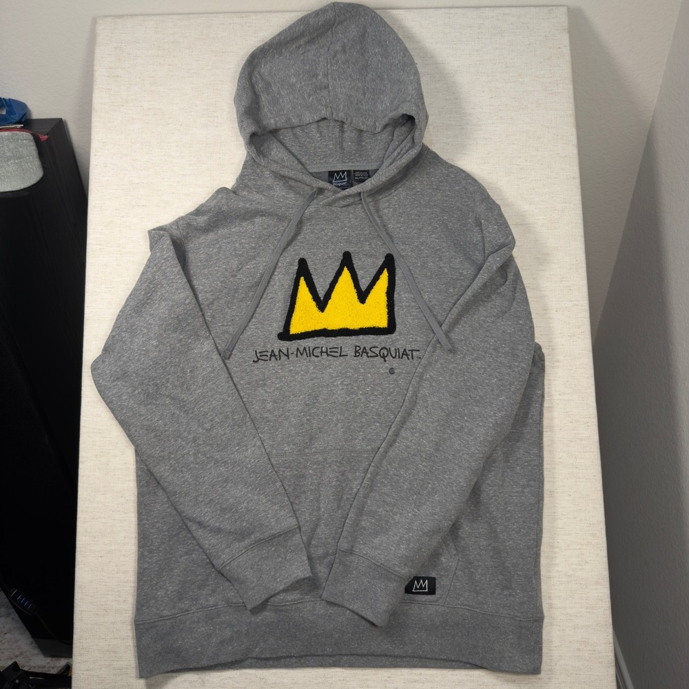 Basquiat Graphic Hoodie‎ Mens XXL Gray Excellent Chenille Crown Art Sweatshirt